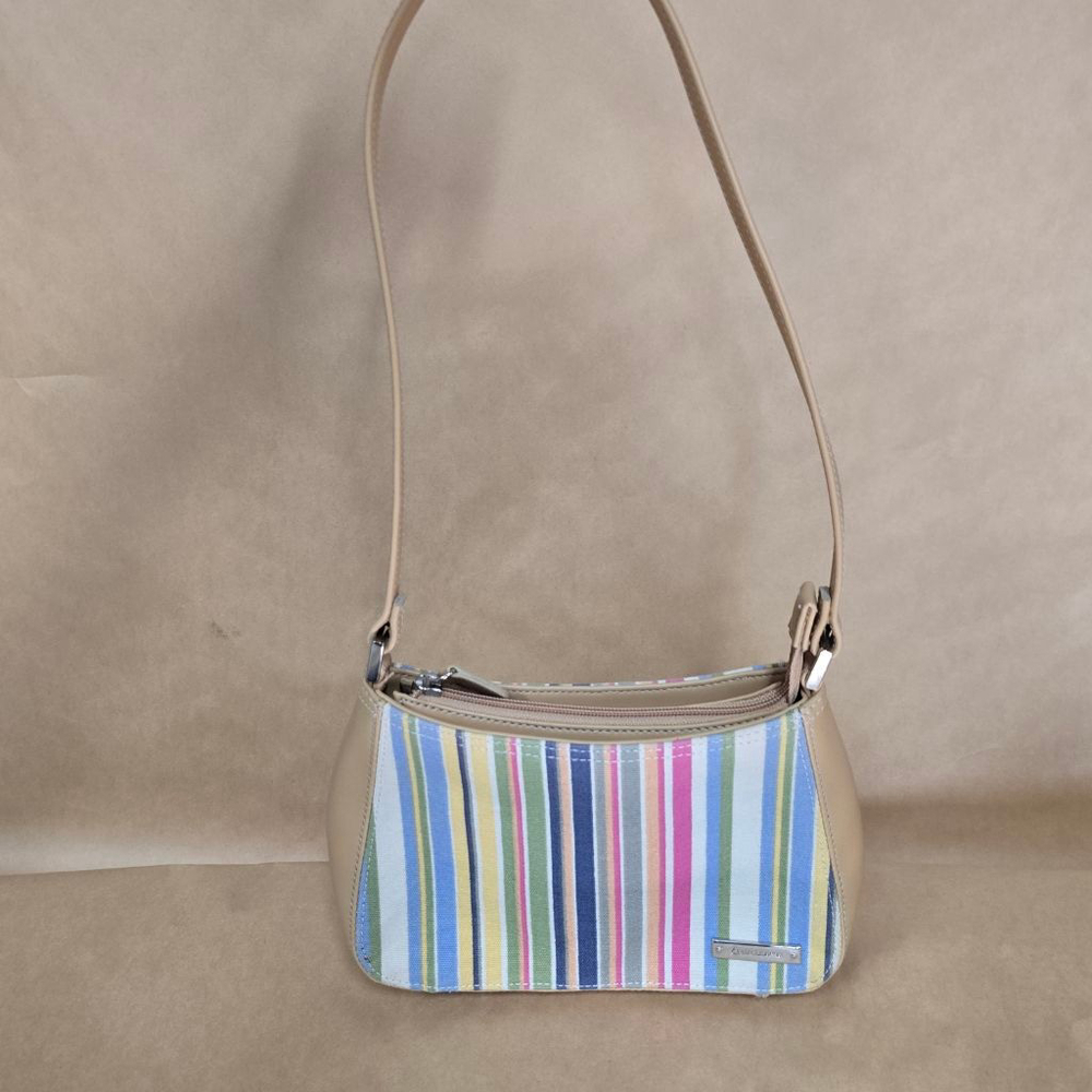 Liz Claiborne Striped Shoulder Bag Small Purse Pastel Canvas & Faux Leather